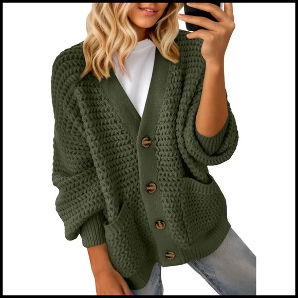 Chunky Knit Open Front Cardigan Long Sleeve V-Neck Sweater Loose Fit